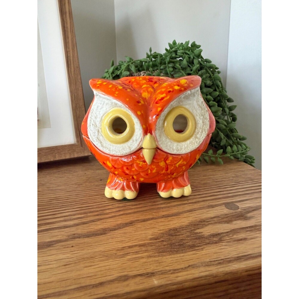 Vintage MCM Ceramic Owl Figurine, Tea Candle Holder, Orange and Yellow Glaze, 19